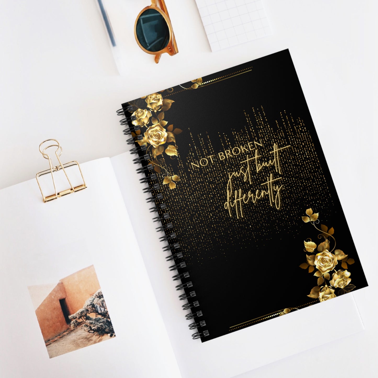 Elegant Inspirational Spiral Notebook - "Not Broken, Just Built Differently" - Perfect Gift for Students, Writers, and Creatives