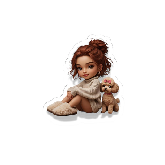 Charming Girl & Puppy Kiss-Cut Stickers, Cute Aesthetic Decor, Laptop Accessories, Gift for Pet Lovers, Art Stationery