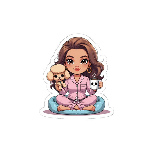 Cozy Cuddle Kiss-Cut Stickers - Cute Pajama Girl with Pets, Fun Laptop, Water Bottle, Journal Decor, Perfect Gift